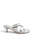 Silver kitten heel sandal with crossover straps and a 4cm heel