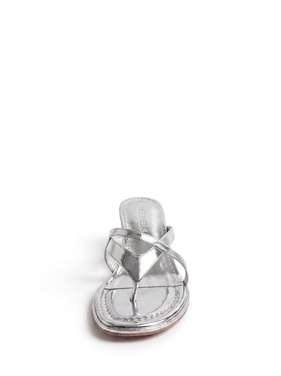Silver kitten heel sandal seen from above