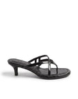 Black kitten heel sandal with crossover straps and a 4cm heel